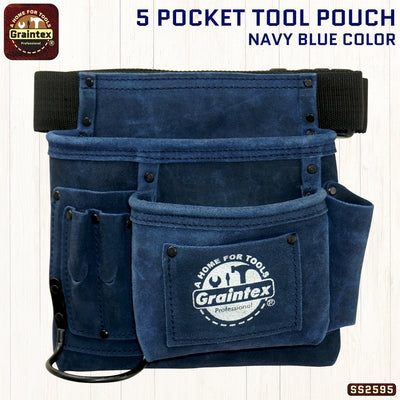 SS2595 :: 5 Pocket Nail & Tool Pouch Navy Blue Color Suede Leather with Belt