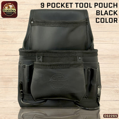 OS2265 :: 9 Pocket Nail & Tool Pouch Black Color Top Grain Oil Tanned Leather