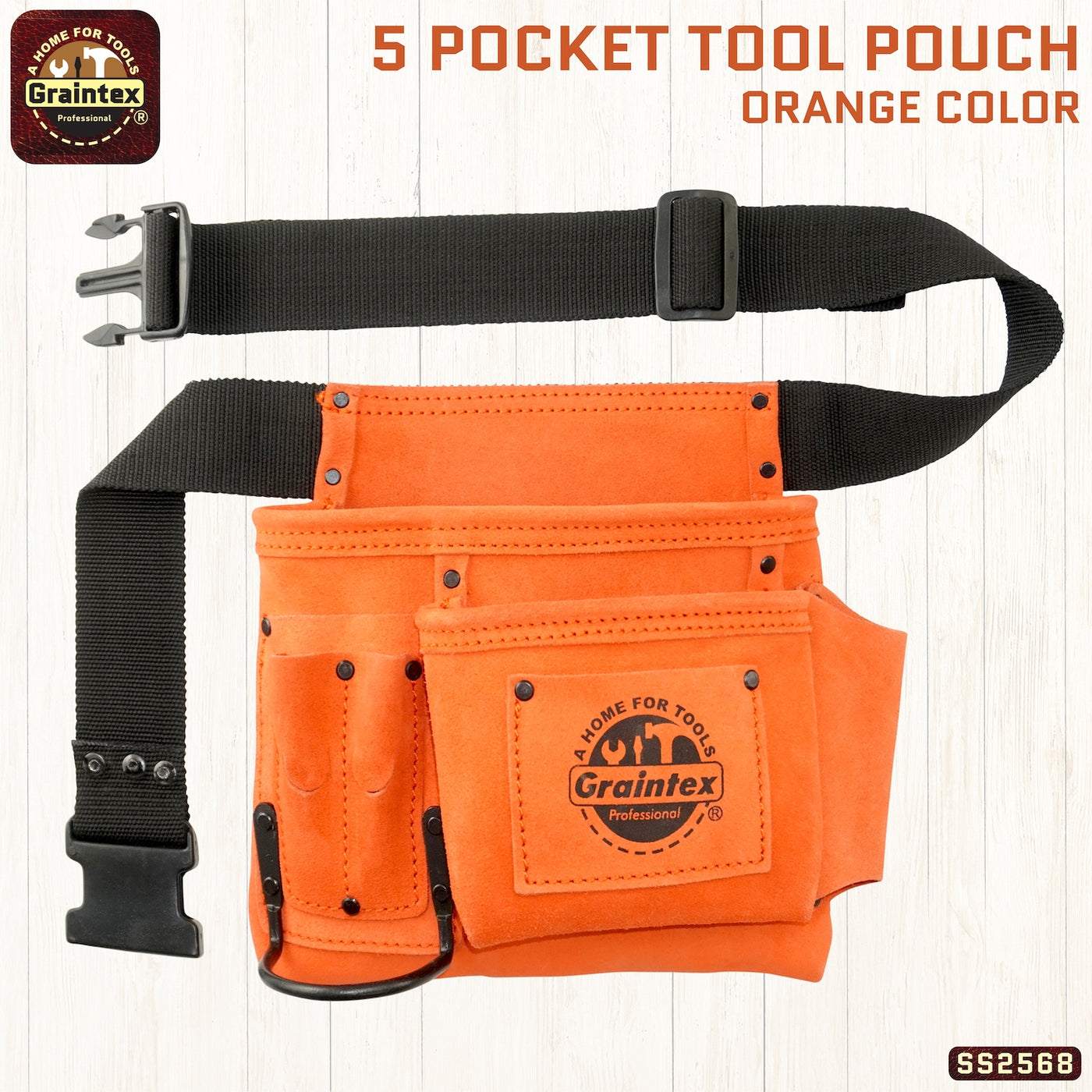 SS2568 :: 5 Pocket Nail & Tool Pouch Lime Orange Color Suede Leather with Belt