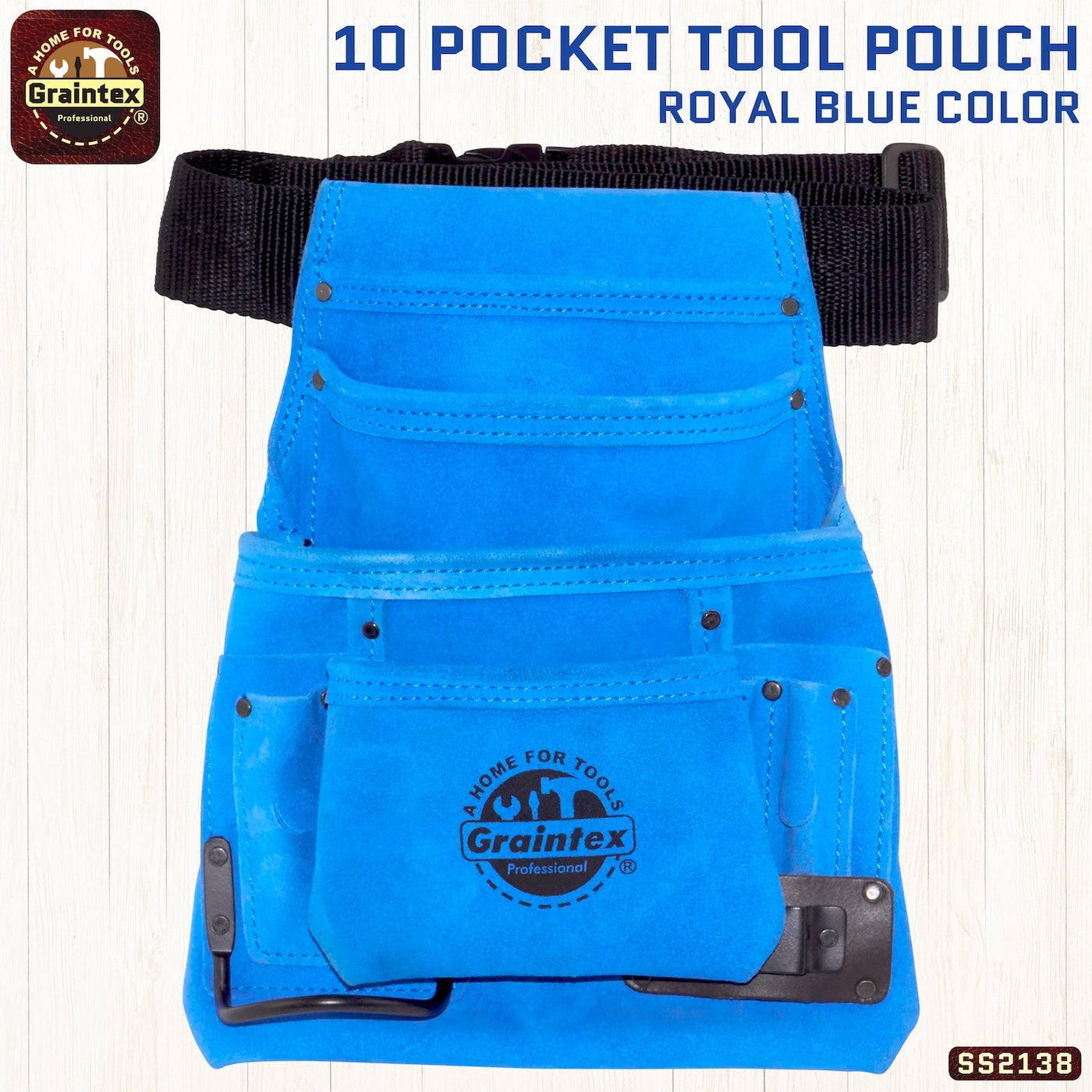 SS2138 :: 10 Pocket Nail & Tool Pouch Royal Blue Color Suede Leather with Belt