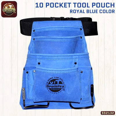SS2132 :: 10 Pocket Nail & Tool Pouch Royal Blue Color Suede Leather with Belt