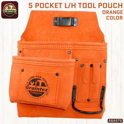 SS2572 :: 5 Pocket Left Handed Nail & Tool Pouch Orange Color Suede Leather