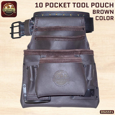 OS2221 :: 10 Pocket Nail & Tool Pouch Oil Tanned Leather with 2" Belt