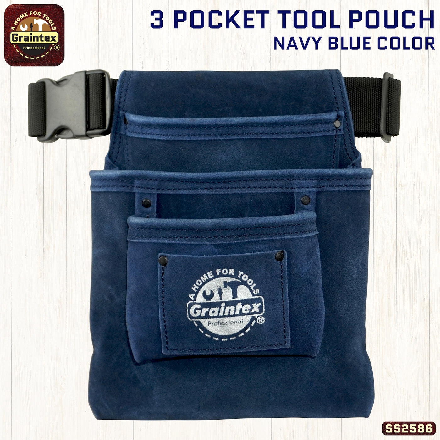 SS2586 :: 3 Pocket Nail & Tool Pouch Navy Blue Color Suede Leather with Belt
