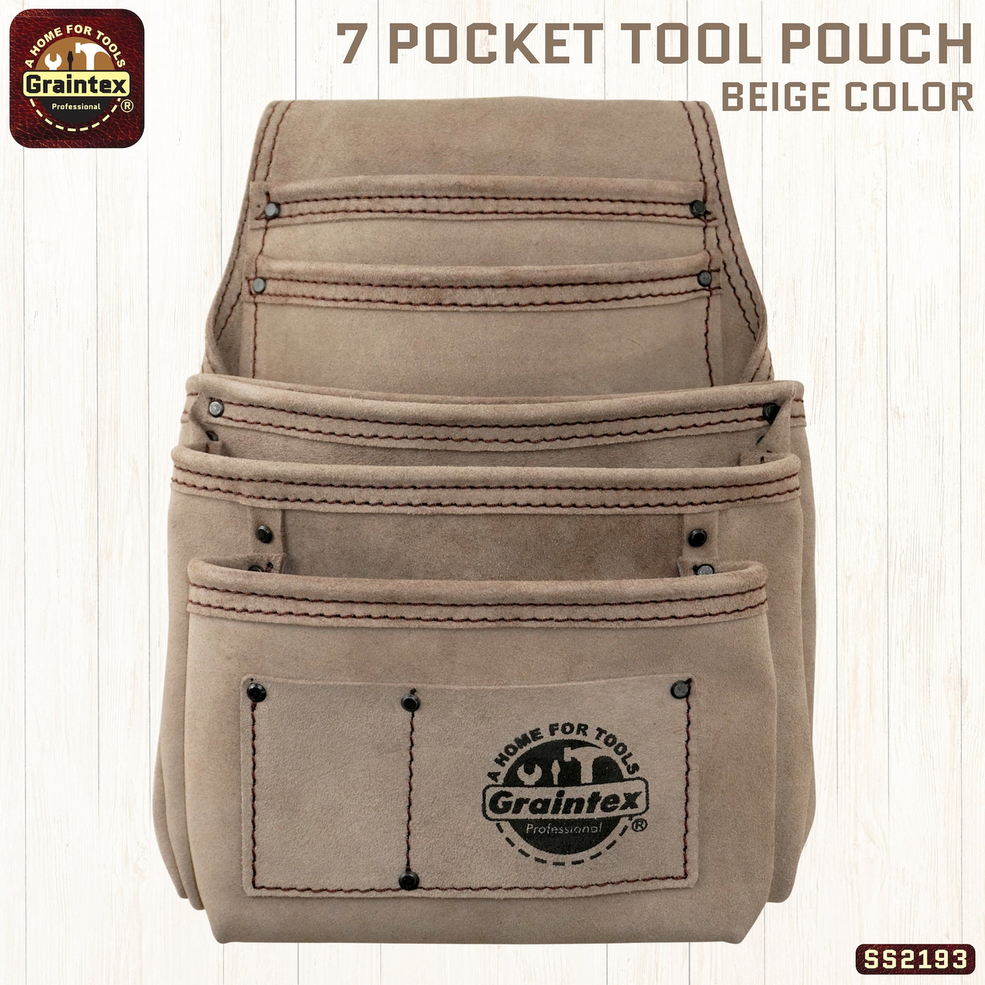SS2193 :: 7 Pocket Nail & Tool Pouch Beige Color Suede Leather