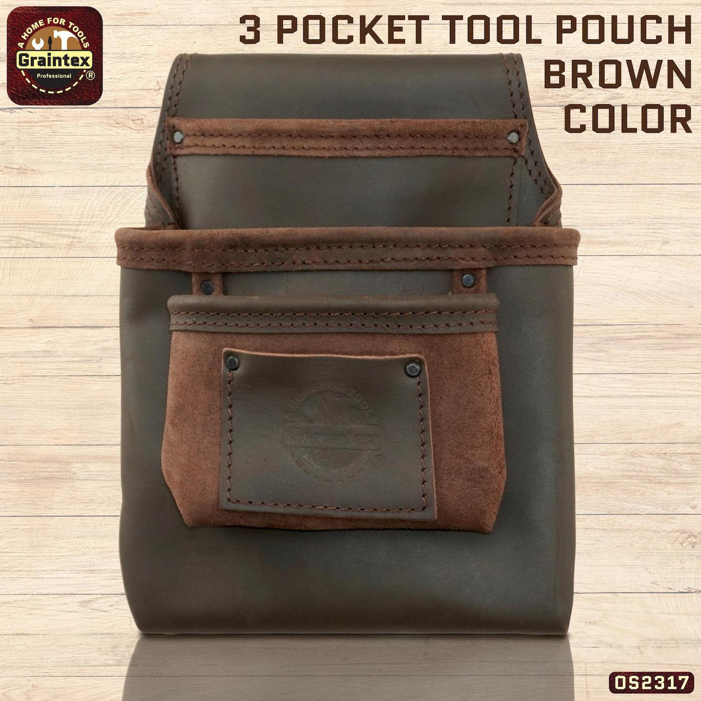 OS2317 :: 3 Pocket Nail & Tool Pouch Brown Color Top Grain Oil Tanned Leather