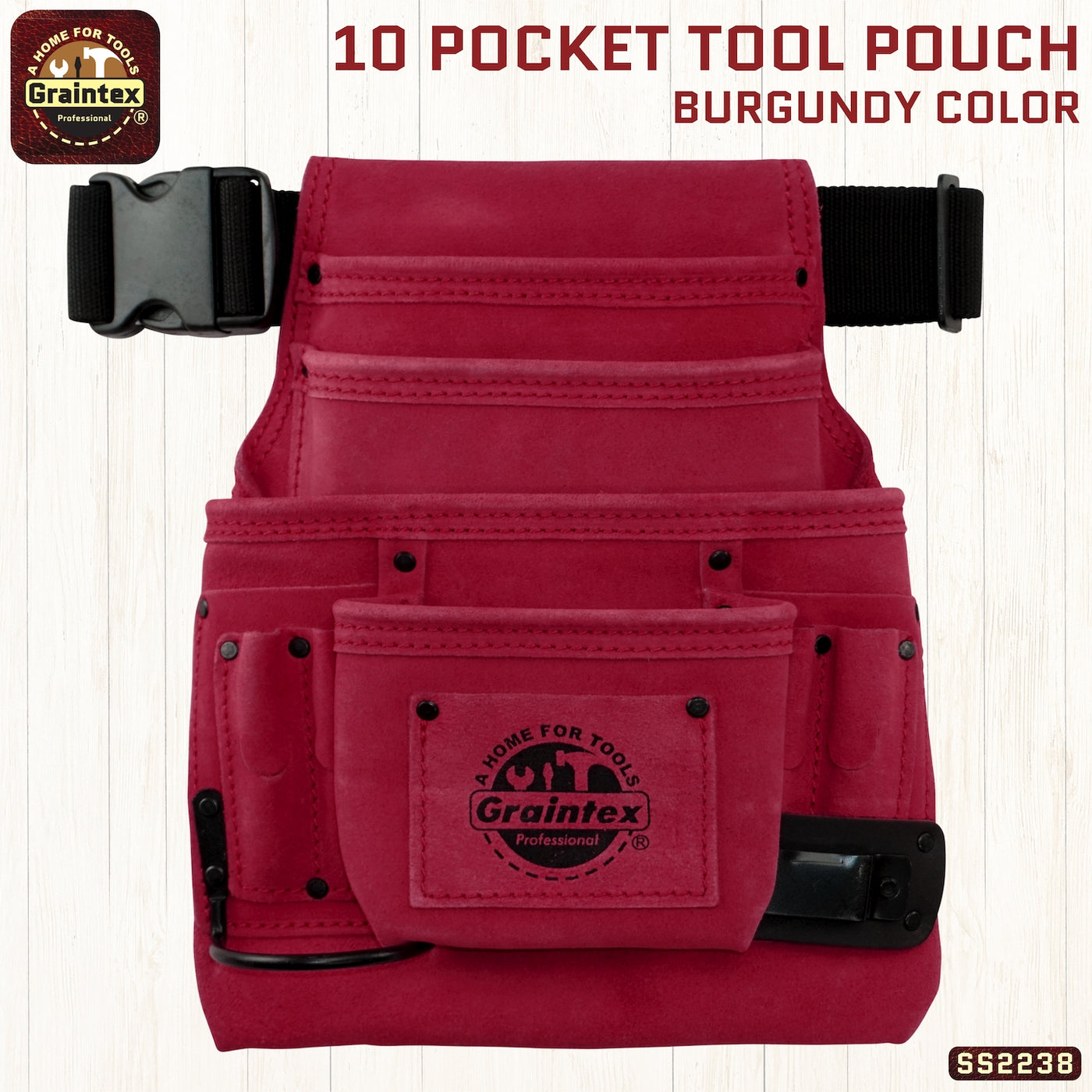 SS2238 :: 10 Pocket Nail & Tool Pouch Burgundy Color Suede Leather with Belt