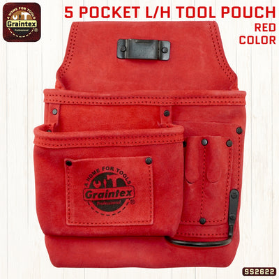 SS2622 :: 5 Pocket Left Handed Nail & Tool Pouch Red Color Suede Leather