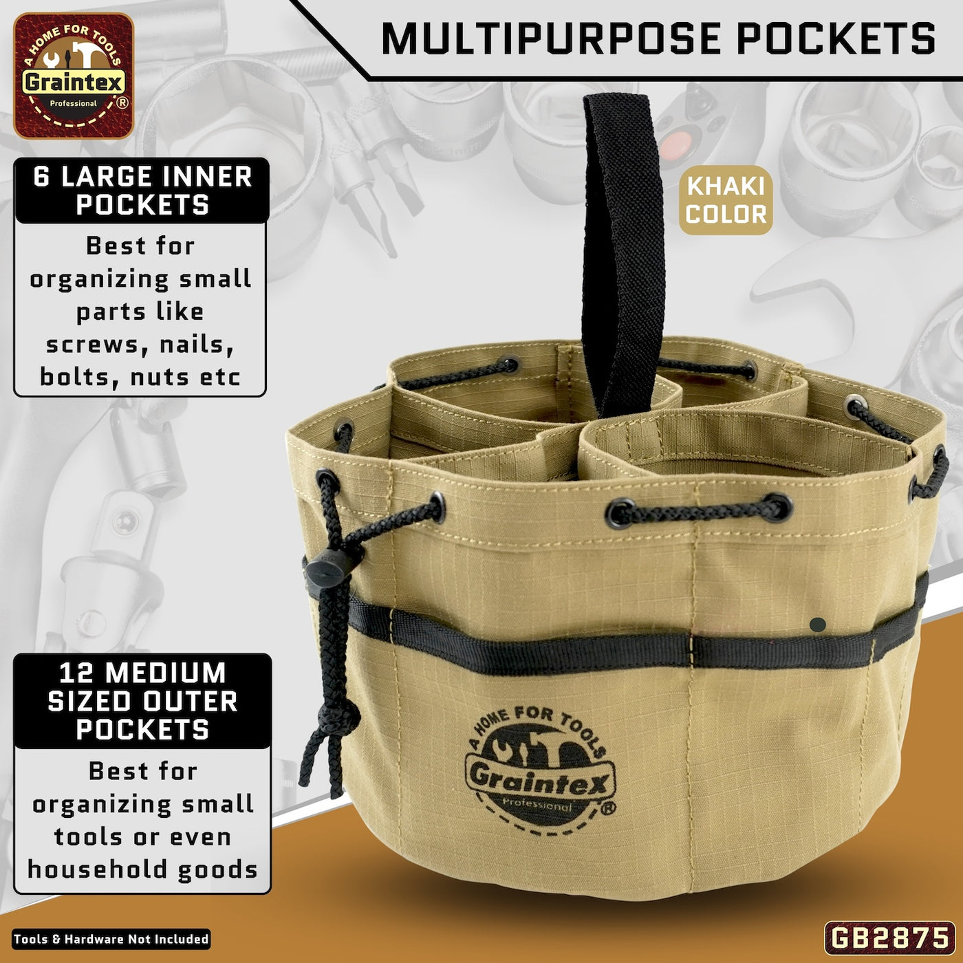 GB2875 :: 3 Pcs Grab Bags Set Khaki, Black and Hunter Green Color Rip-stop Canvas 18 Pockets