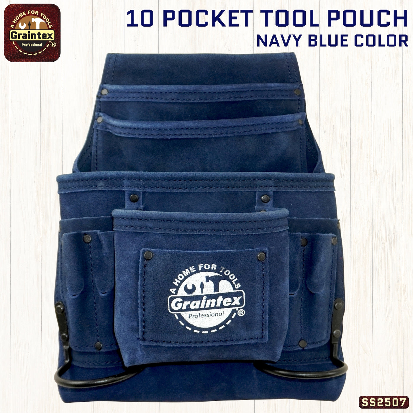 SS2507 :: 10 Pocket Nail & Tool Pouch Navy Blue Color Suede Leather