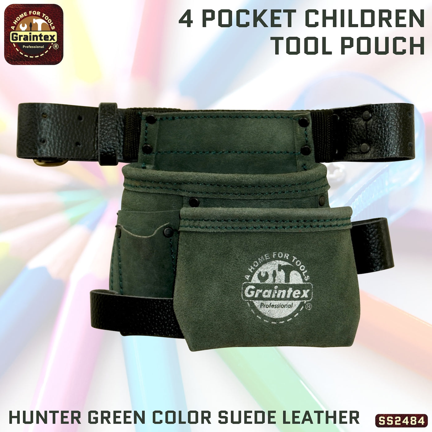 SS2484 :: 4 Pocket Children Tool Pouch Hunter Green Color Suede Leather