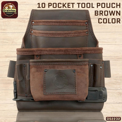 OS2232 :: 10 Pocket Nail & Tool Pouch Brown Color Oil Tanned Top Grain Leather