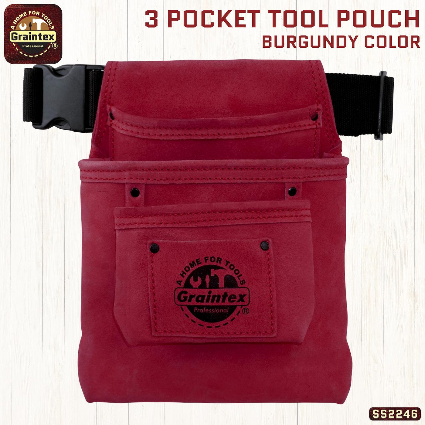 SS2246 :: 3 Pocket Nail & Tool Pouch Burgundy Color Suede Leather with Belt