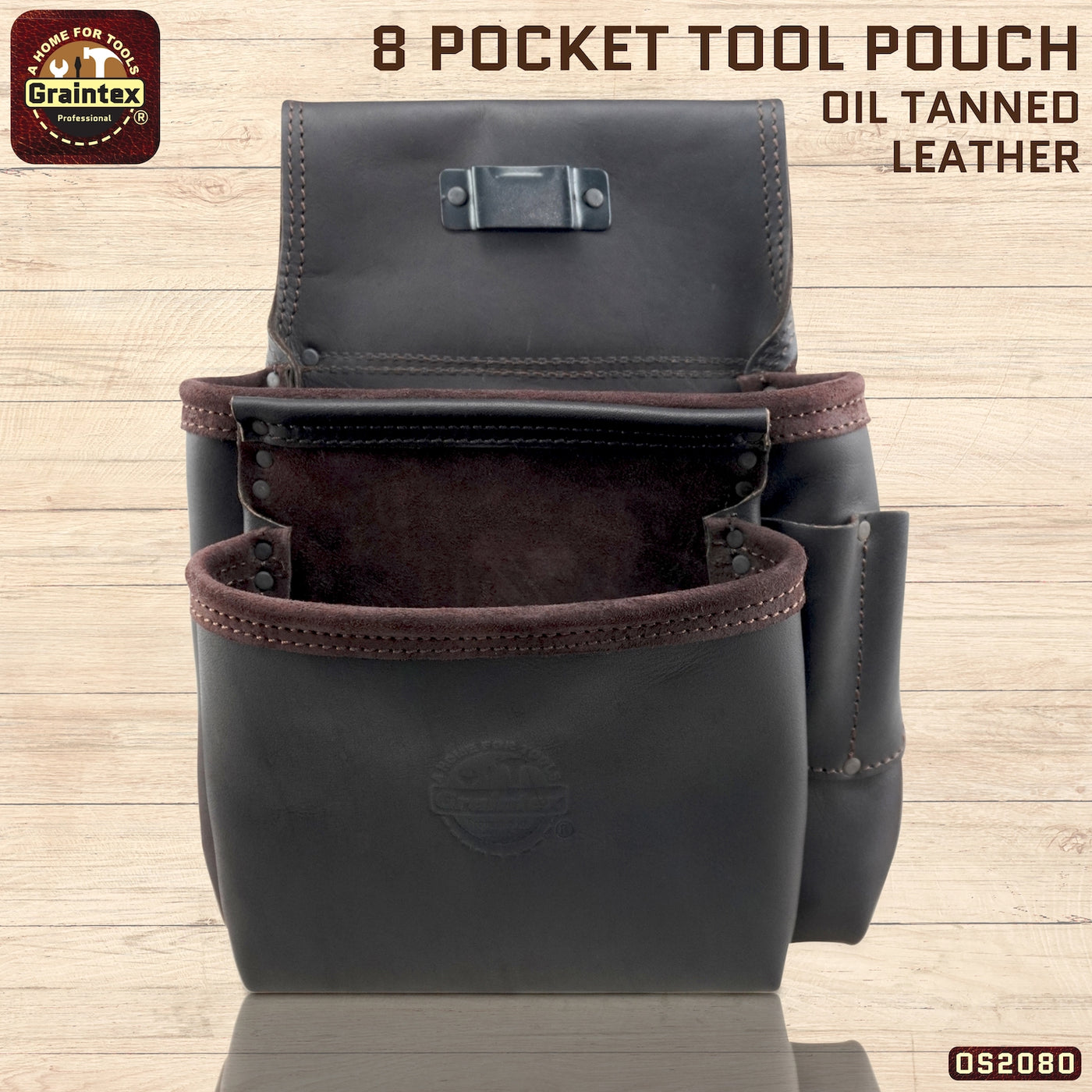 OS2080 :: 8 Pocket Framer’s Nail & Tool Pouch Black Color Oil Tanned Top Grain Leather Leather
