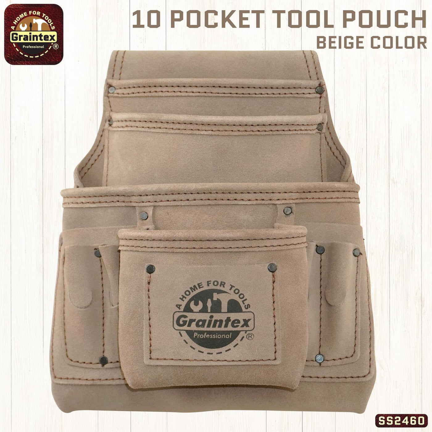 SS2460 :: 10 Pocket Nail & Tool Pouch Beige Color Suede Leather