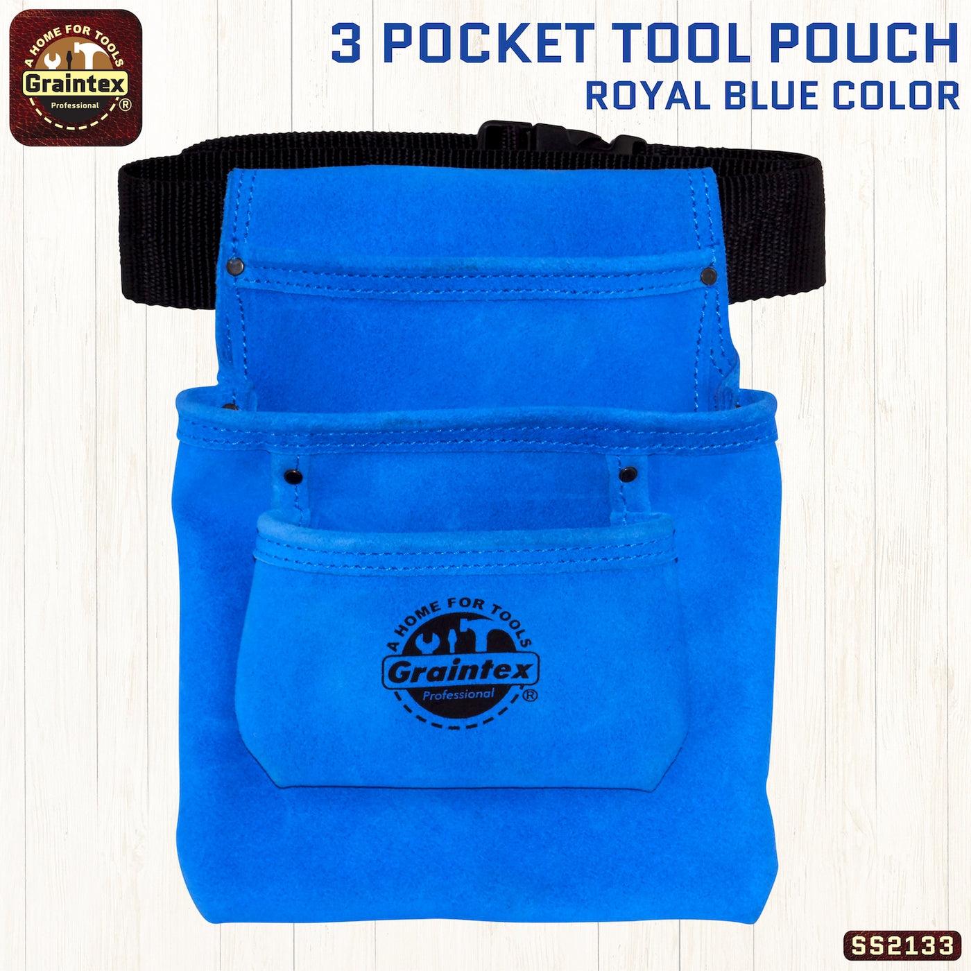 SS2133 :: 3 Pocket Nail & Tool Pouch Royal Blue Color Suede Leather with Belt