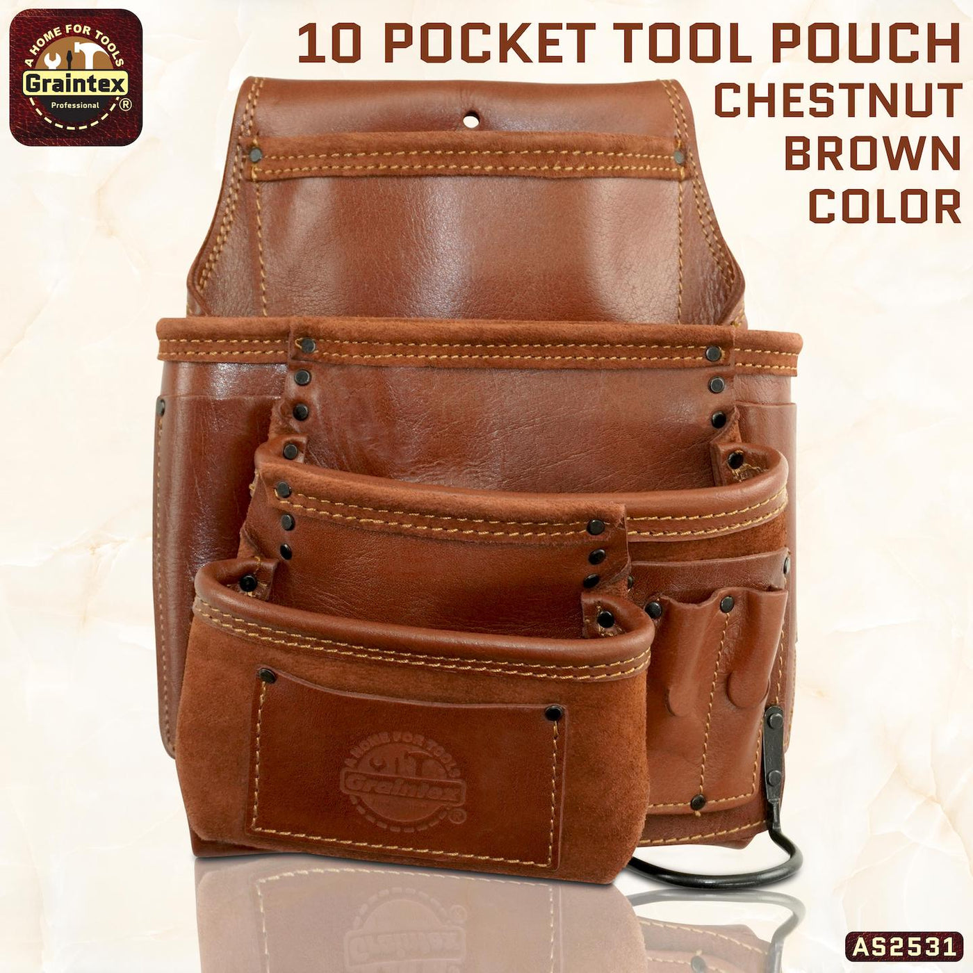 AS2531 :: 10 Pocket Left Handed Framer’s Tool Pouch Ambassador Series Chestnut Brown Color Top Grain Leather