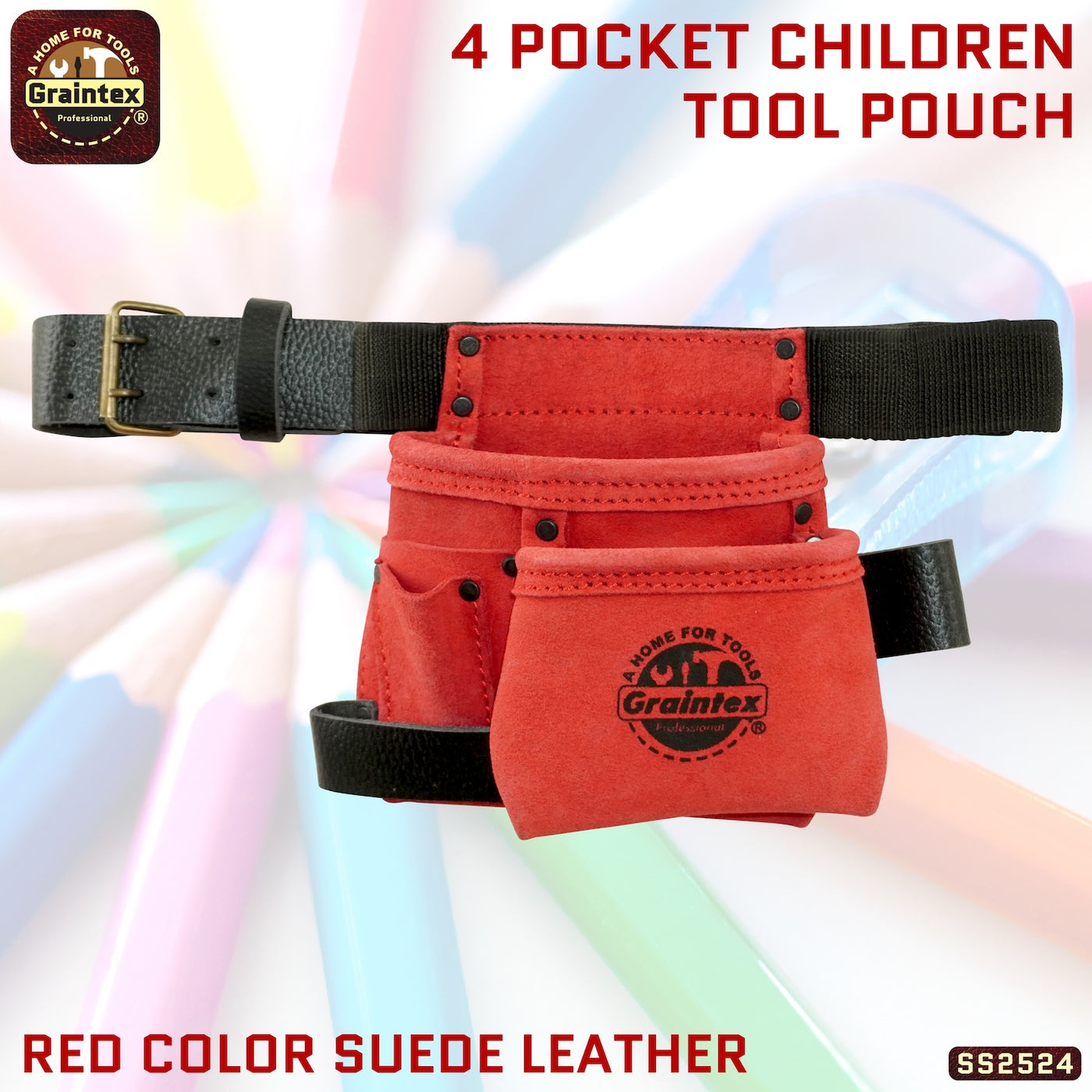 SS2524 :: 4 Pocket Children Tool Pouch Red Color Suede Leather