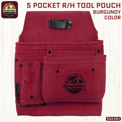 SS2381 :: 5 Pocket Right Handed Nail & Tool Pouch Burgundy Color Suede Leather