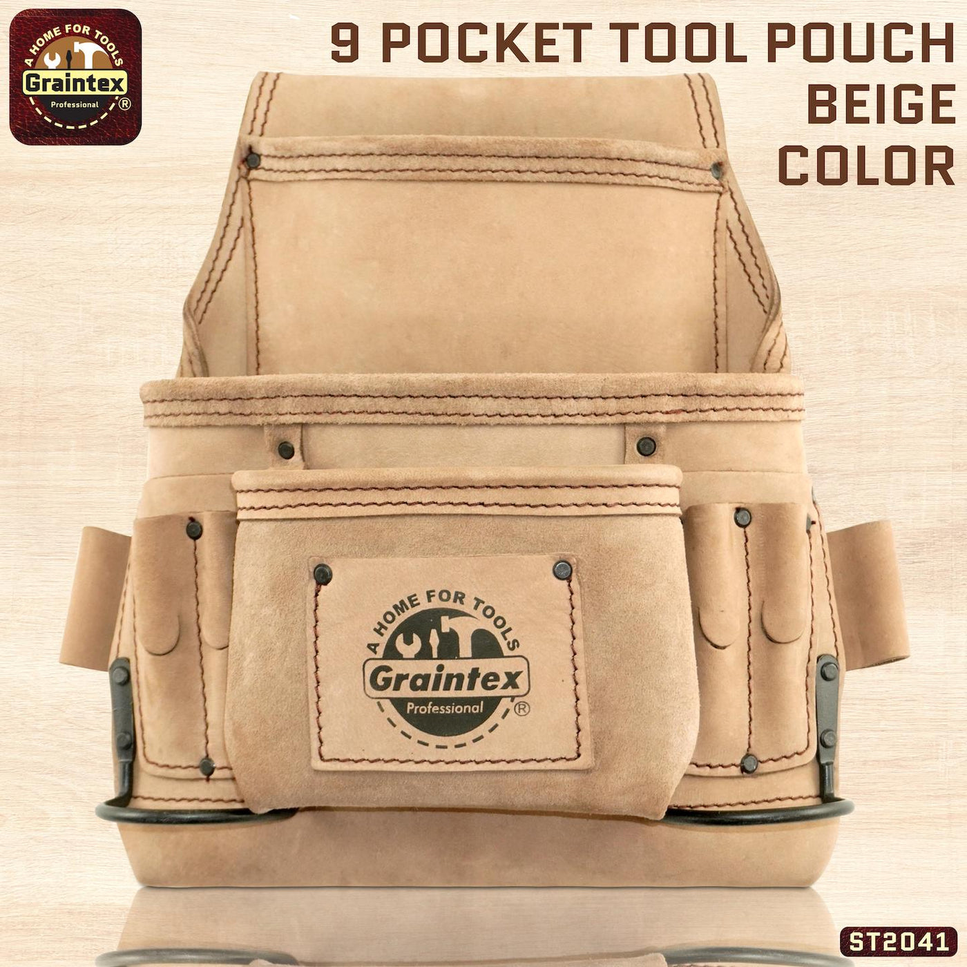 ST2041 :: 9 Pocket Nail & Tool Pouch Beige Color Top Grain Leather