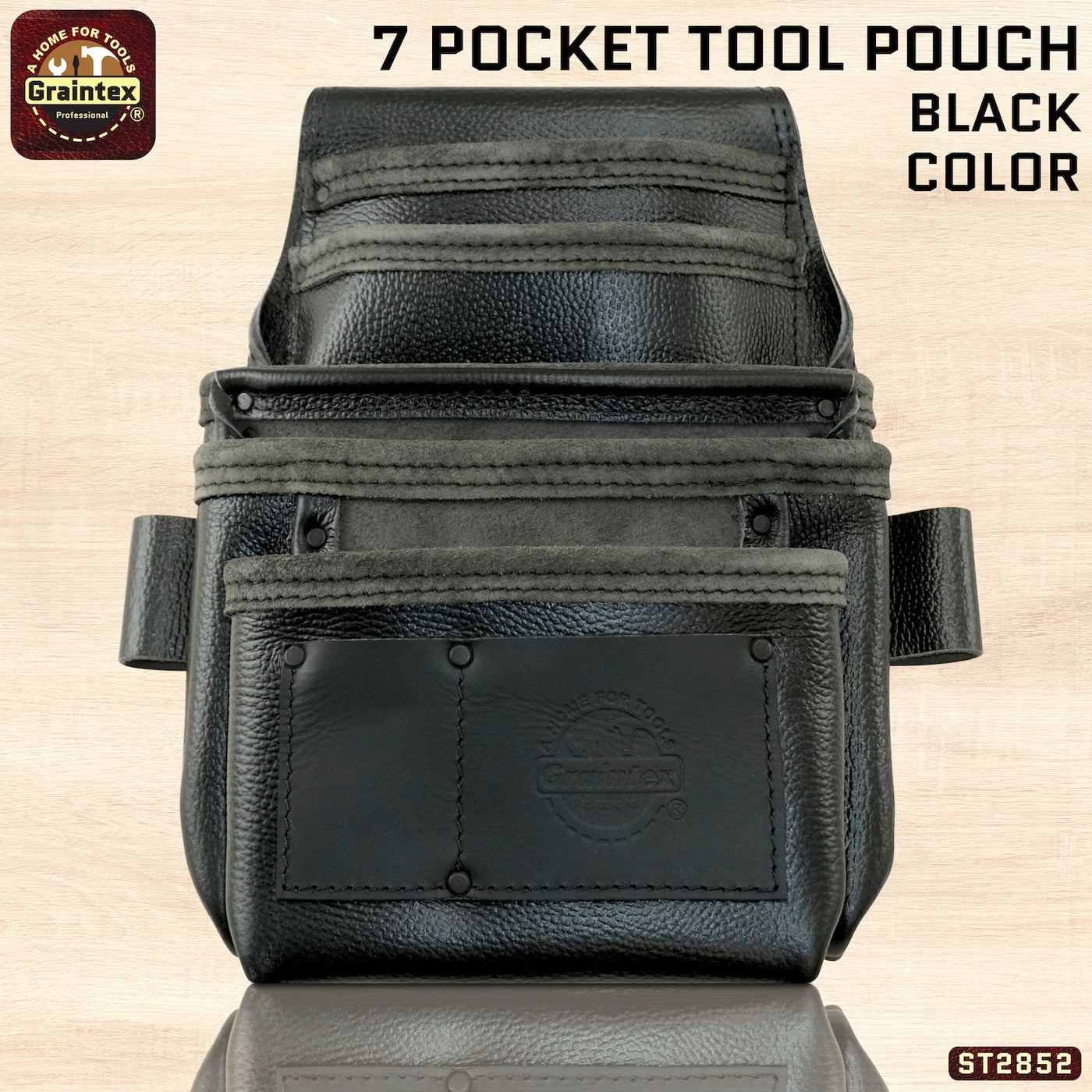 ST2852 :: 7 Pocket Nail & Tool Pouch RUGGED Black Color Top Grain Leather