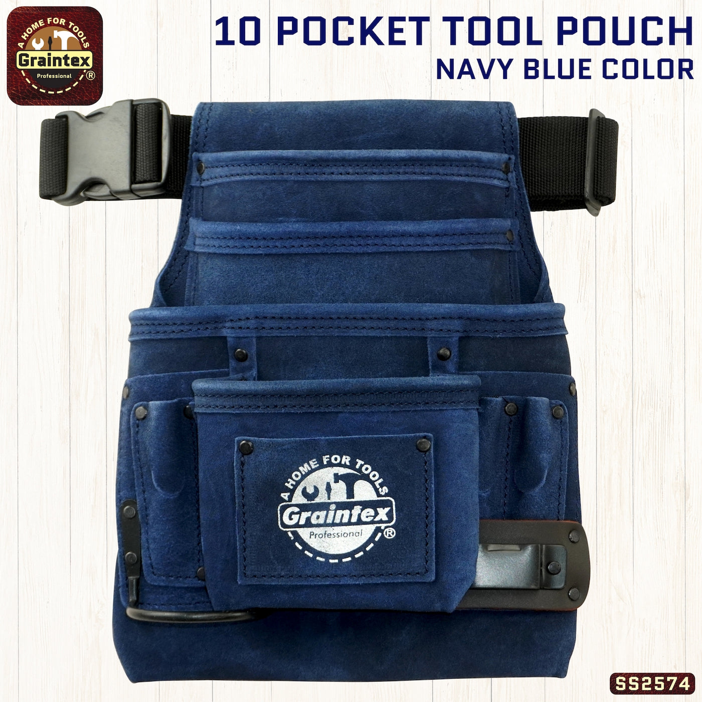 SS2574 :: 10 Pocket Nail & Tool Pouch Navy Blue Color Suede Leather with Belt