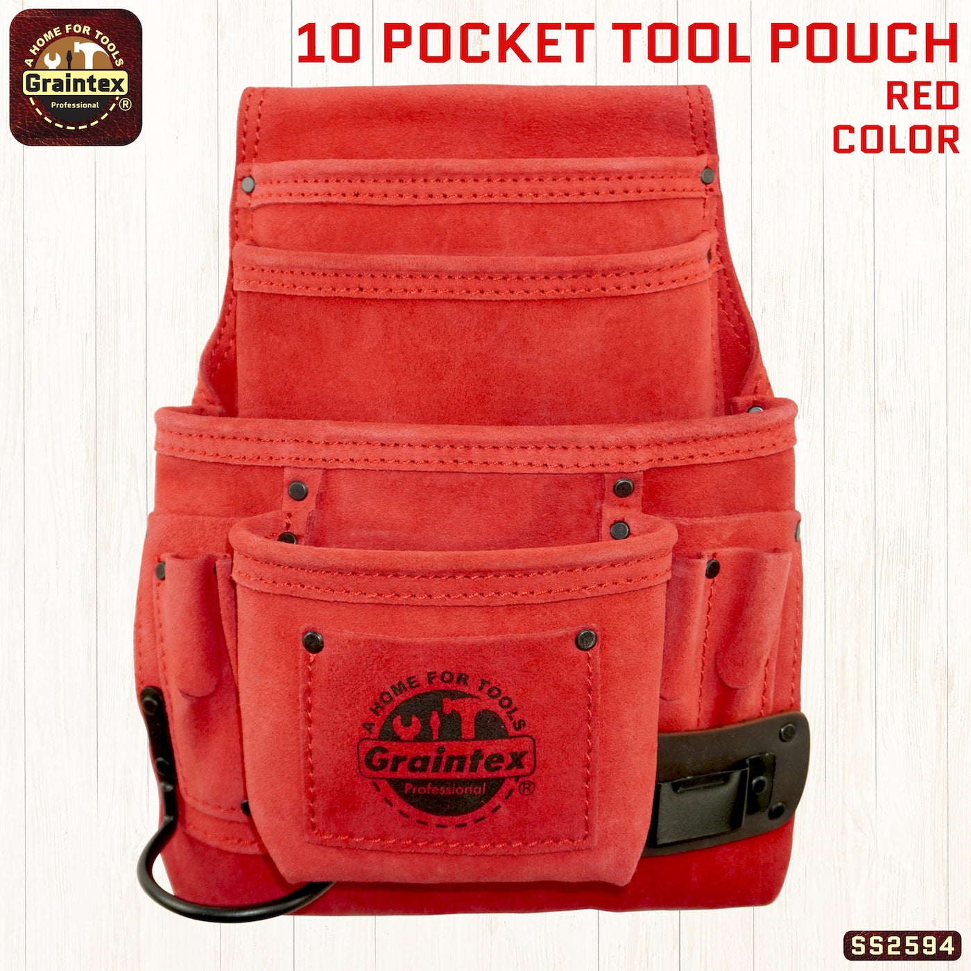 SS2594 :: 10 Pocket Nail & Tool Pouch Red Color Suede Leather