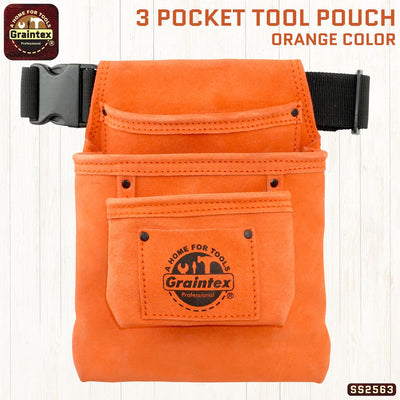 SS2563 :: 3 Pocket Nail & Tool Pouch Orange Color Suede Leather with Belt