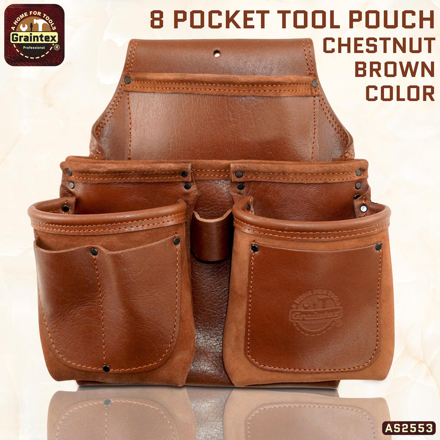AS2553 :: 8 Pocket Framer's Tool Pouch Ambassador Series Chestnut Brown Color Top Grain Leather