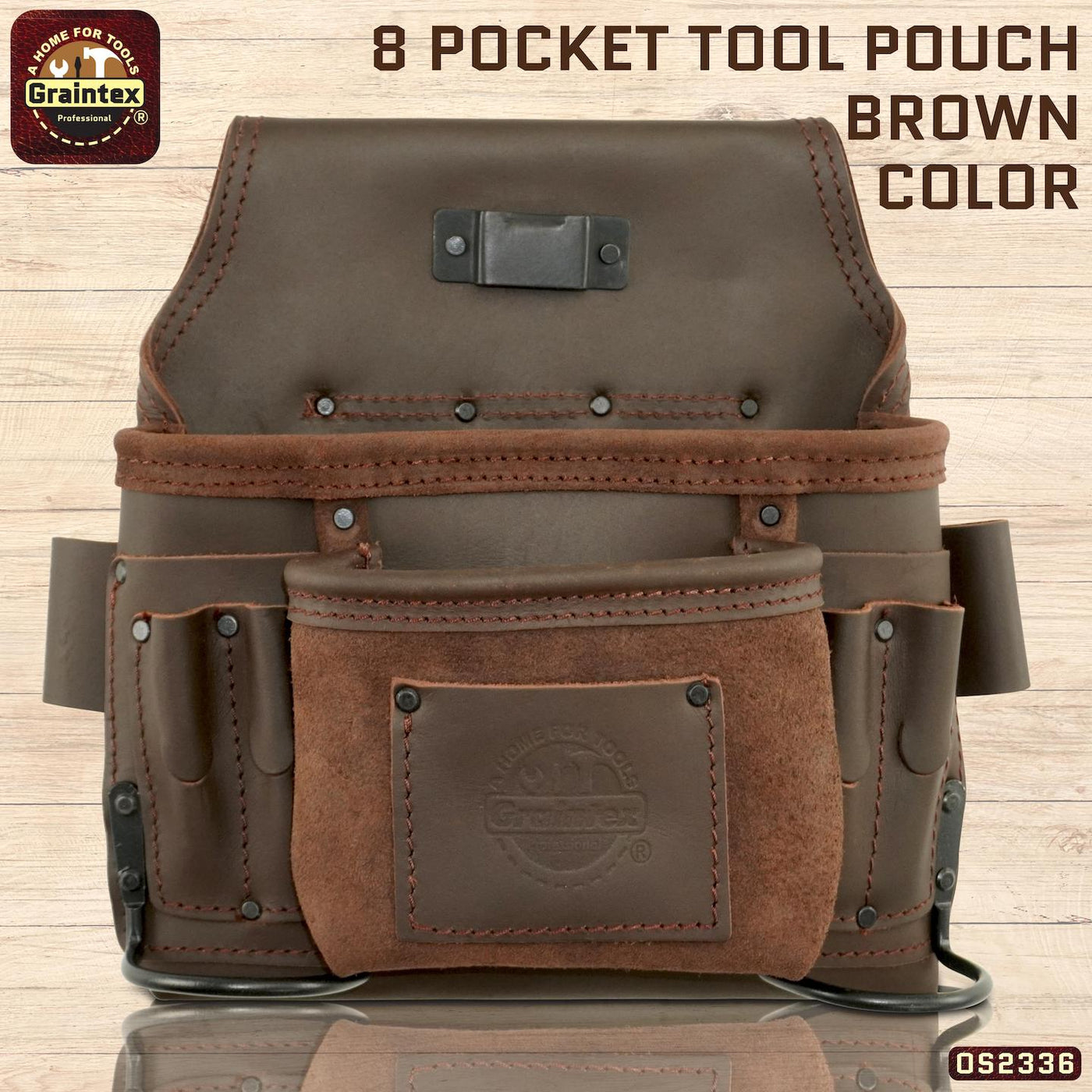 OS2336 :: 8 Pocket Nail & Tool Pouch Brown Color Top Grain Oil Tanned Leather