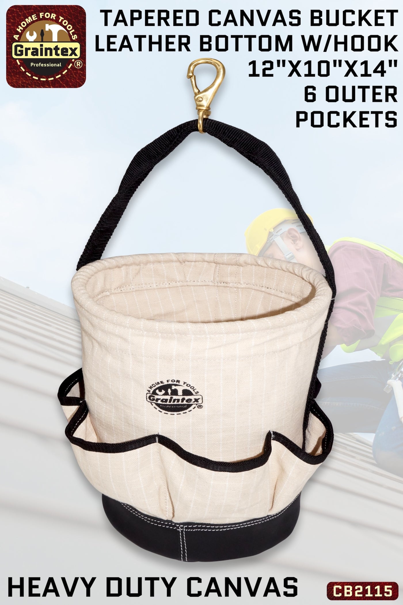 CB2115 :: UTILITY TAPERED CANVAS BUCKET LEATHER BOTTOM 6 OUTER POCKETS 12”X10”X14” WEBBING HANDLE WITH SWIVEL SNAP HOOK