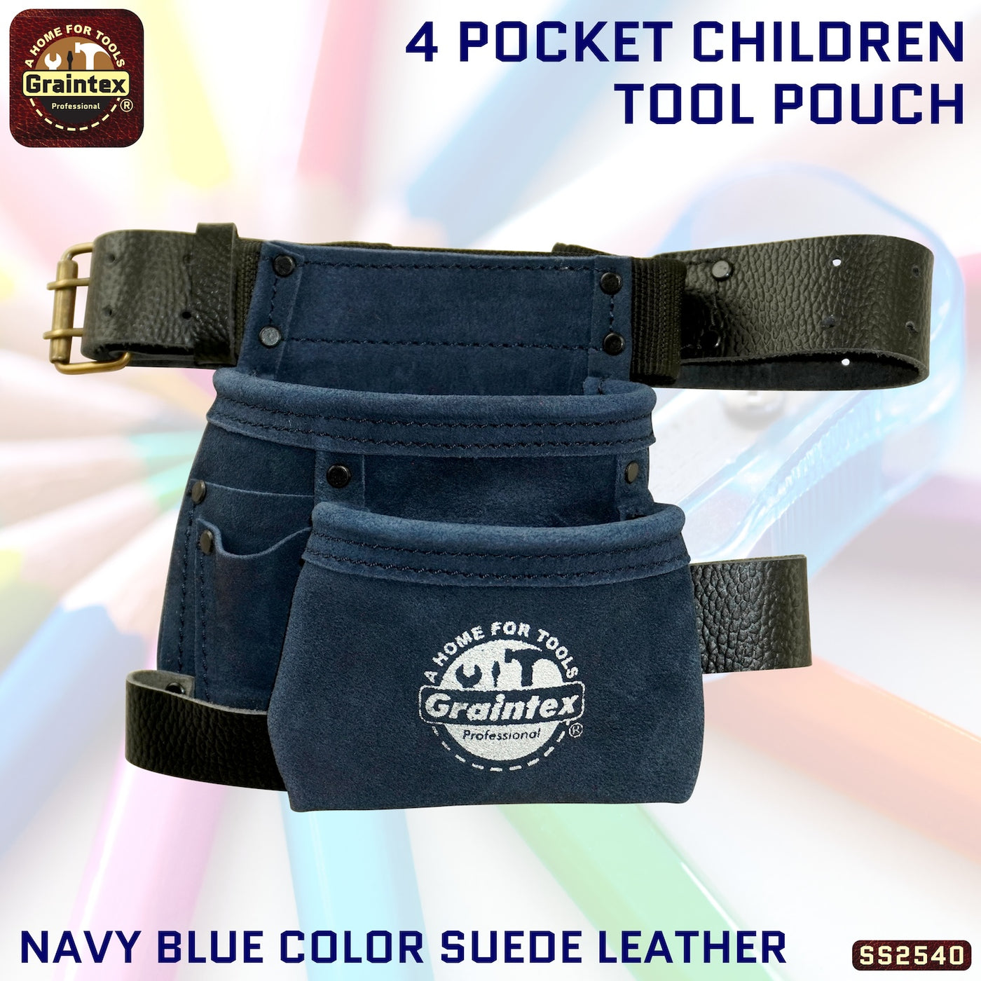 SS2540 :: 4 Pocket Children Tool Pouch Navy Blue Color Suede Leather