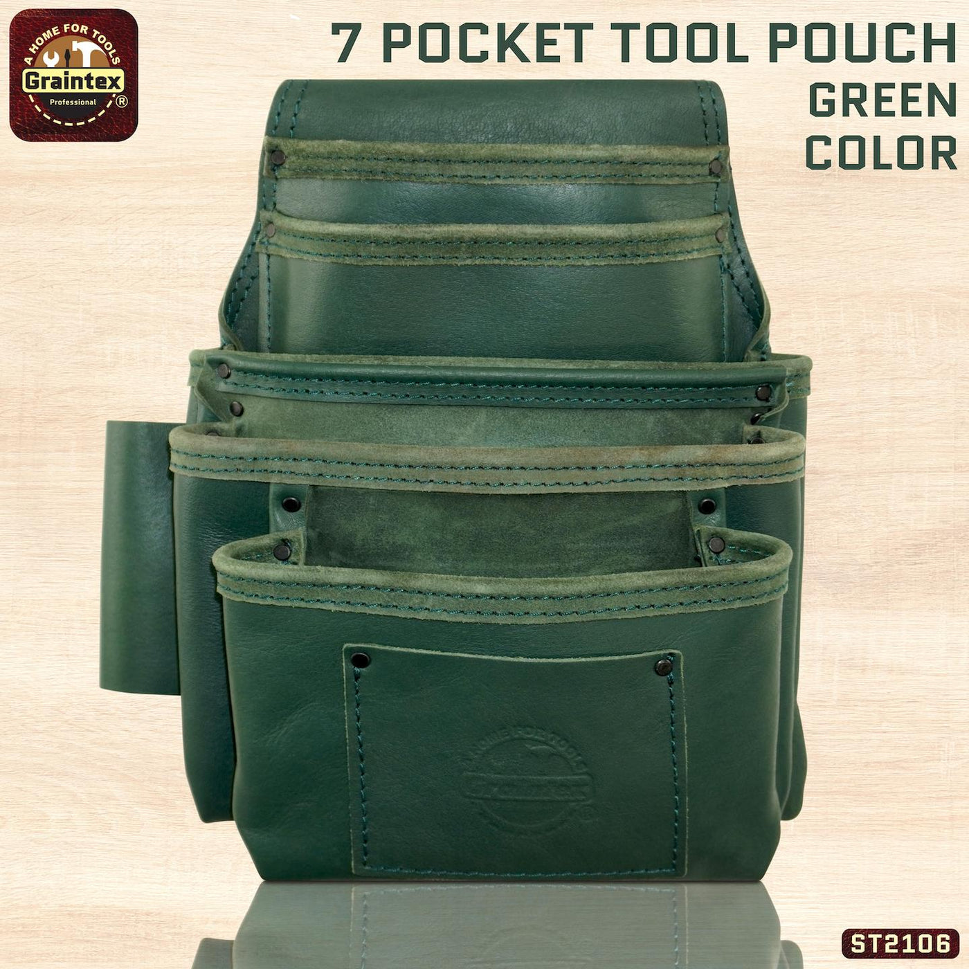 ST2106 :: 7 Pocket Nail & Tool Pouch Green Color Top Grain Leather