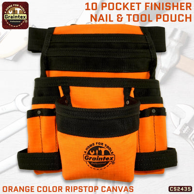 CS2435 :: 10 Pocket Finisher Nail & Tool Pouch Orange Color Ripstop Canvas with 2” Webbing Belt