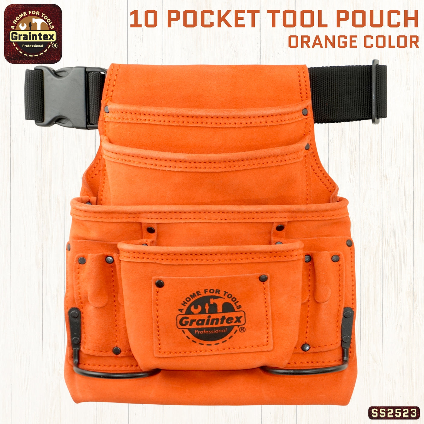 SS2523 :: 10 Pocket Nail & Tool Pouch Orange Color Suede Leather with Belt
