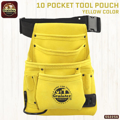 SS2256 :: 10 Pocket Nail & Tool Pouch Yellow Color Suede Leather with Belt