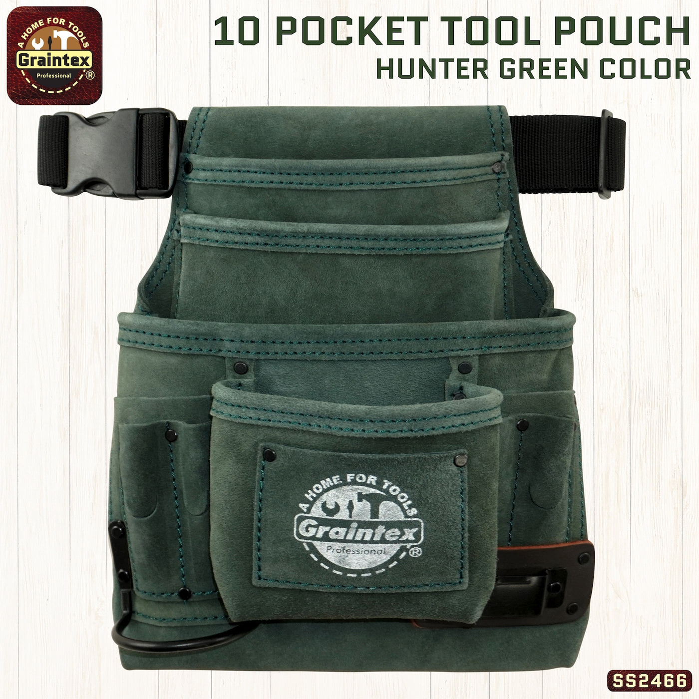 SS2466 :: 10 Pocket Nail & Tool Pouch Hunter Green Color Suede Leather with Belt
