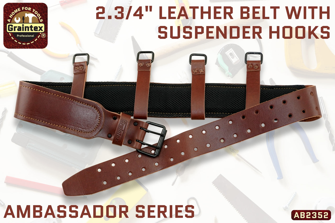 AB2352 :: 2.3/4” AMBASSADOR SERIES LEATHER BELT WITH SUSPENDER HOOKS