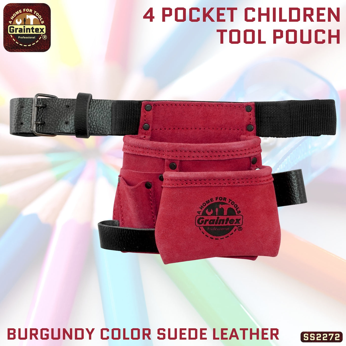 SS2272 :: 4 Pocket Children Tool Pouch Burgundy Color Suede Leather