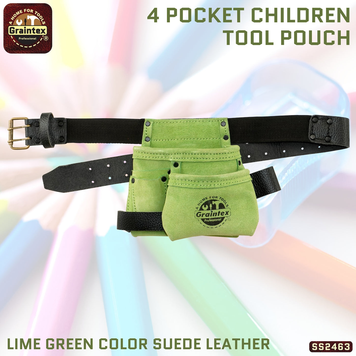 SS2463 :: 4 Pocket Children Tool Pouch Lime Green Color Suede Leather