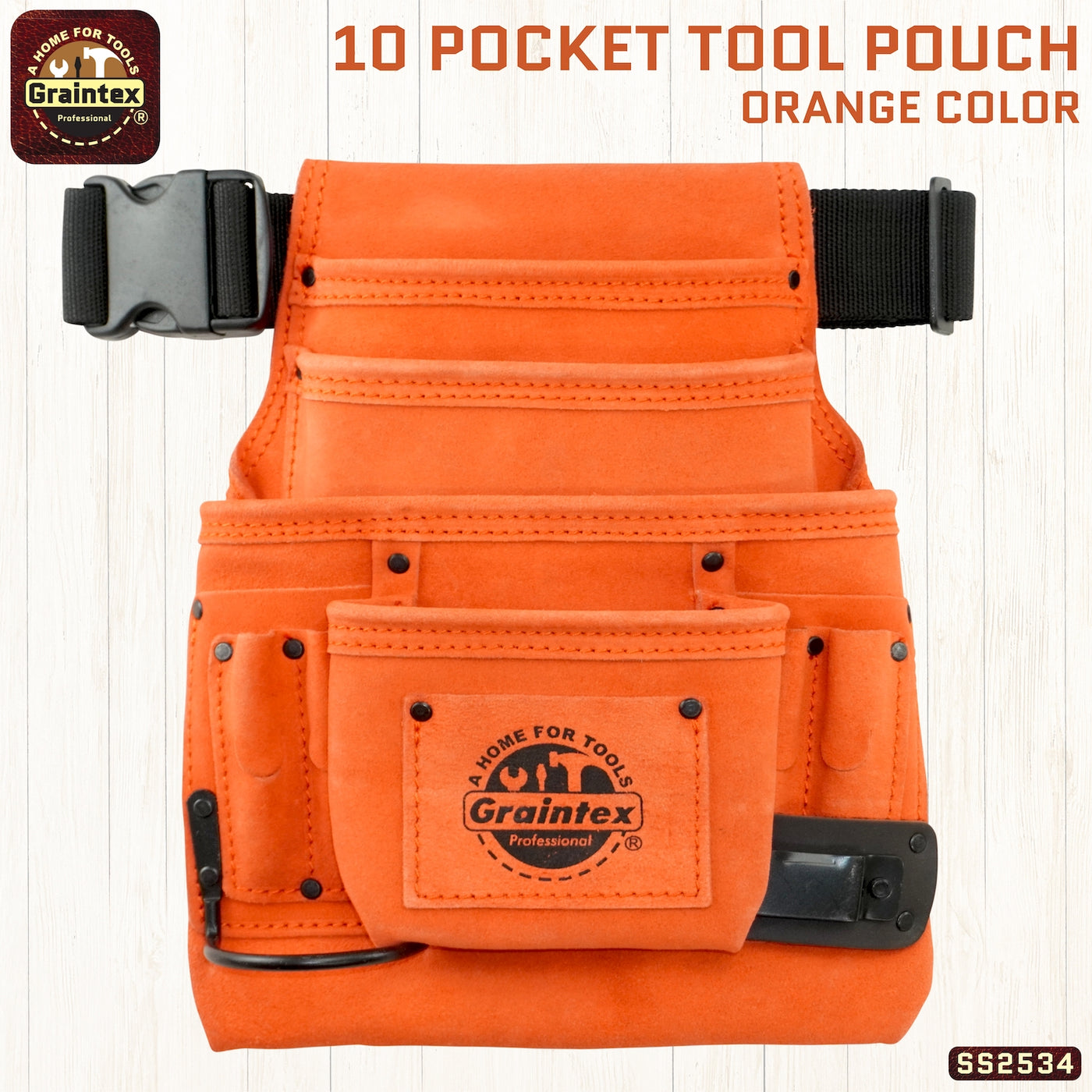 SS2534 :: 10 Pocket Nail & Tool Pouch Orange Color Suede Leather with Belt