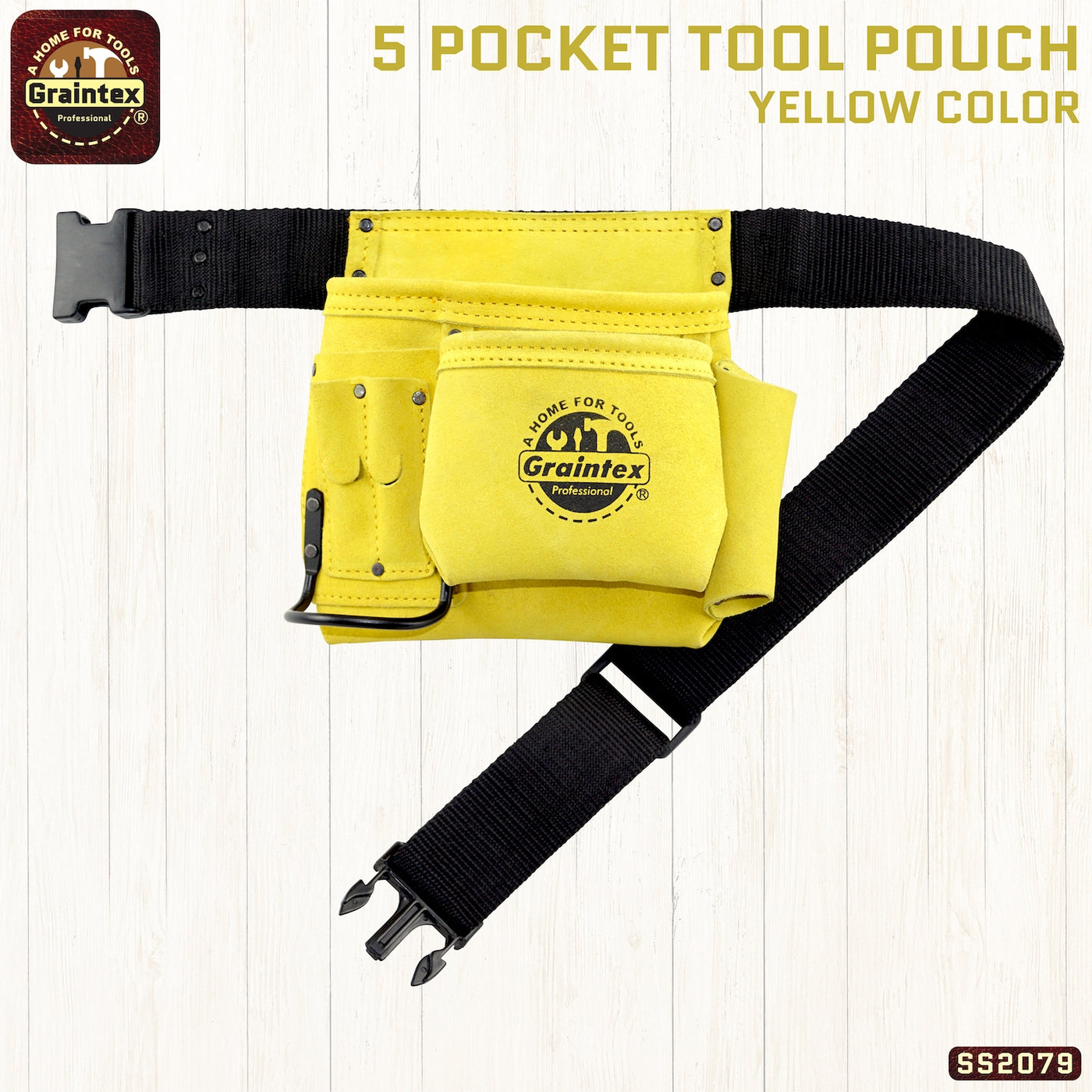 SS2079 :: 5 Pocket Nail & Tool Pouch Yellow Color Suede Leather with Belt