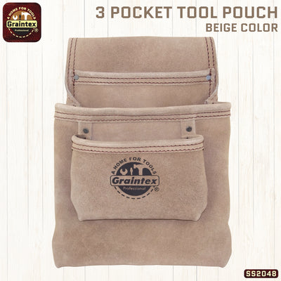 SS2048 :: 3 Pocket Nail & Tool Pouch Beige Color Suede leather