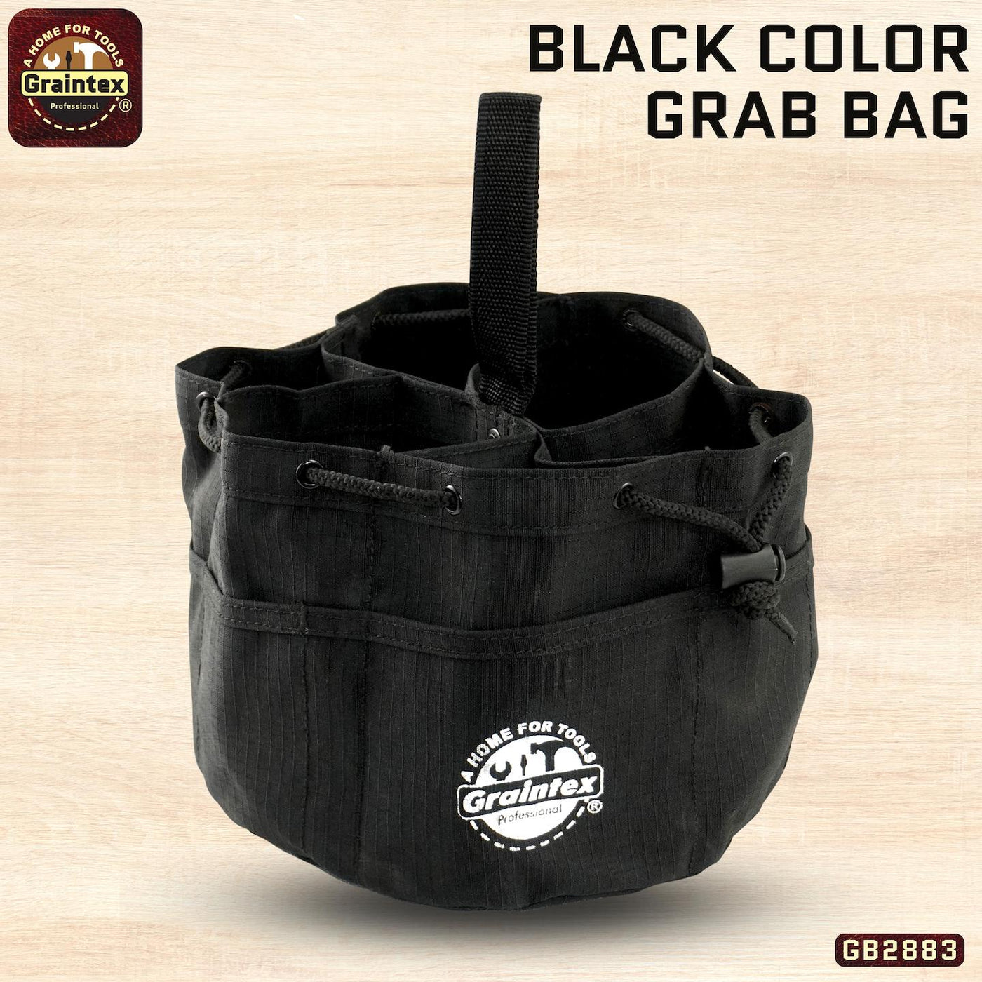 GB2883 :: Grab Bag Black Color Rip-stop Canvas 18 Pockets Drawstring Closure