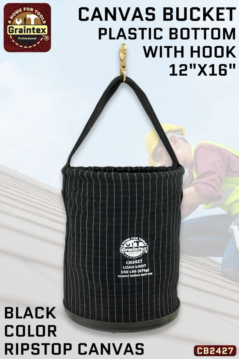 CB2427 :: UTILITY CANVAS BUCKET PLASTIC BOTTOM 12”X16” WEBBING HANDLE WITH SWIVEL SNAP HOOK