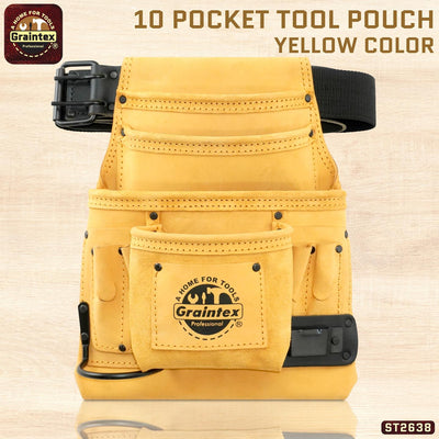 ST2638 :: 10 Pocket Nail & Tool Pouch Yellow Top Grain Leather W/2" Leather/Webbing Belt
