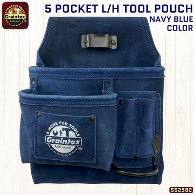 SS2582 :: 5 Pocket Left Handed Nail & Tool Pouch Navy Blue Color Suede Leather