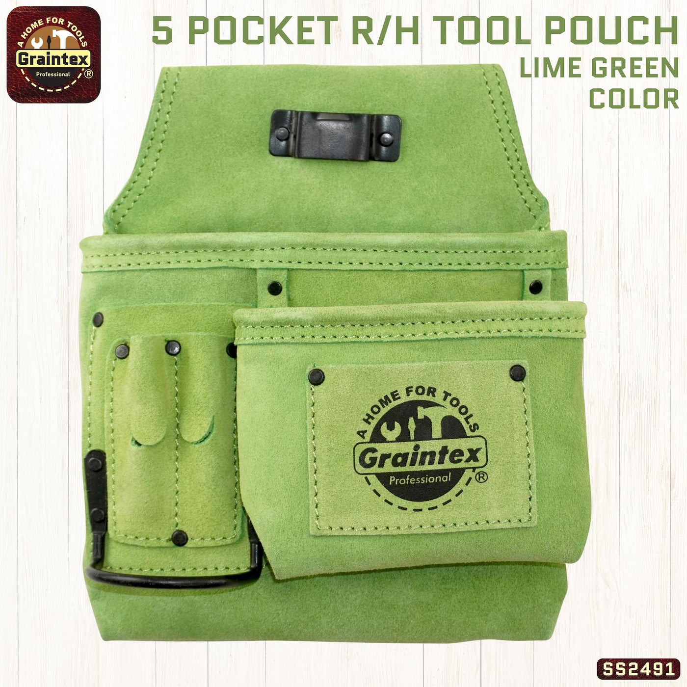 SS2491 :: 5 Pocket Right Handed Nail & Tool Pouch Lime Green Color Suede Leather