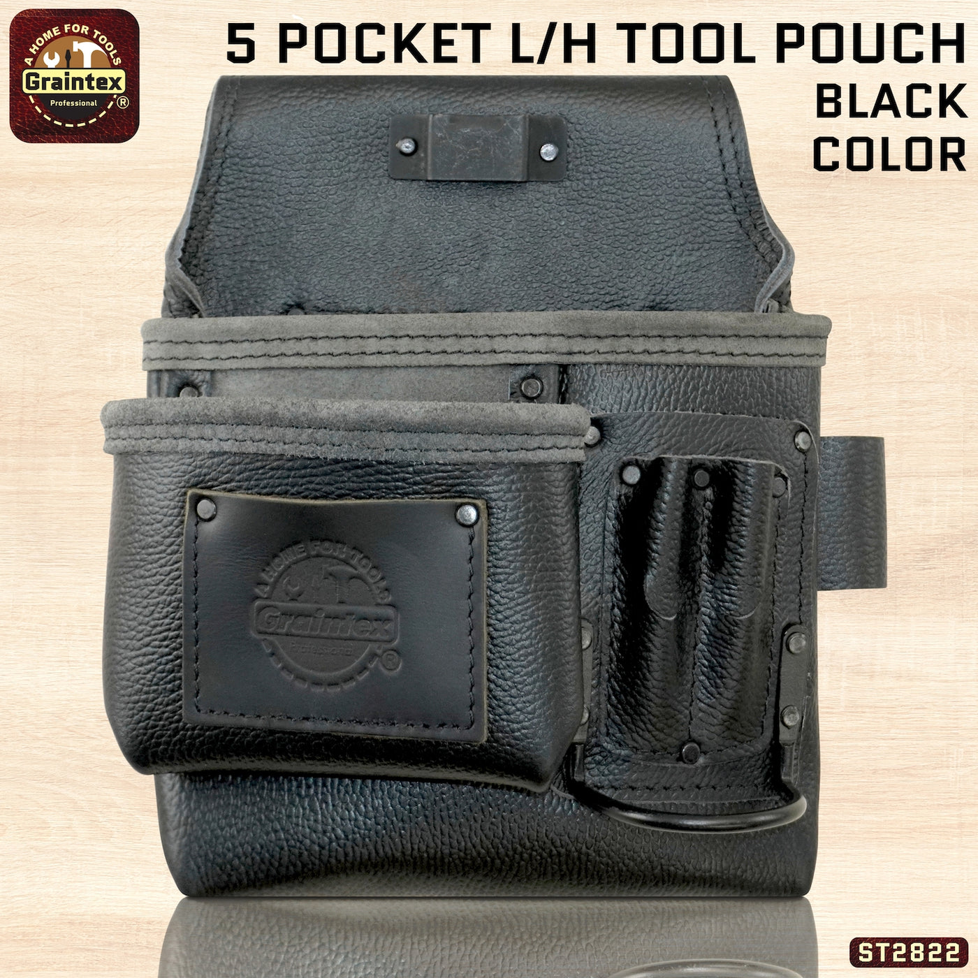 ST2822 :: 5 Pocket Left Handed Nail & Tool Pouch RUGGED Black Color Top Grain Leather