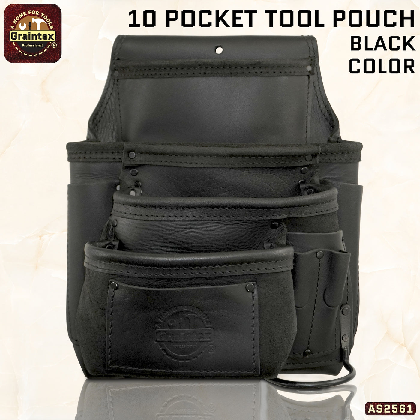AS2561 :: 10 Pocket Left Handed Framer’s Tool Pouch Ambassador Series Black Color Top Grain Leather